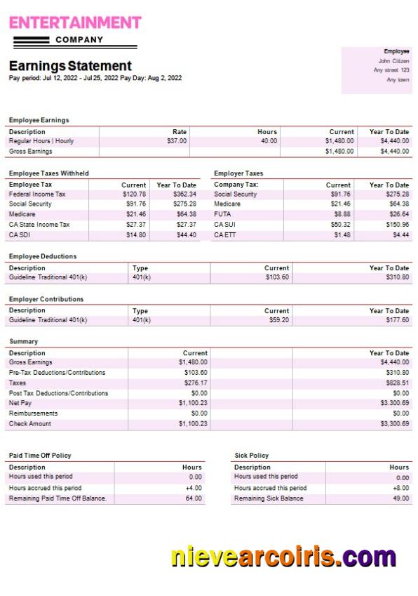 Entertainment company paystub